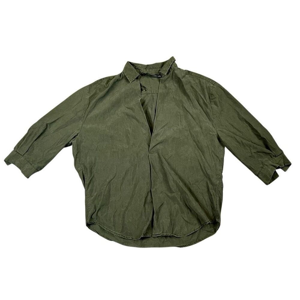 Zara Woman Olive Green Relaxed Oversized Split V-neckline Blouse Medium
